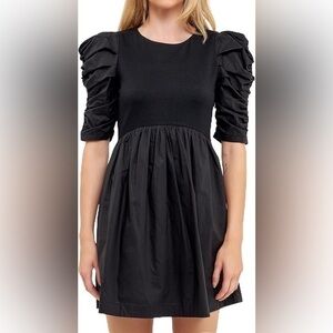 *English Factory Pleated Puff Sleeve Mini Dress
